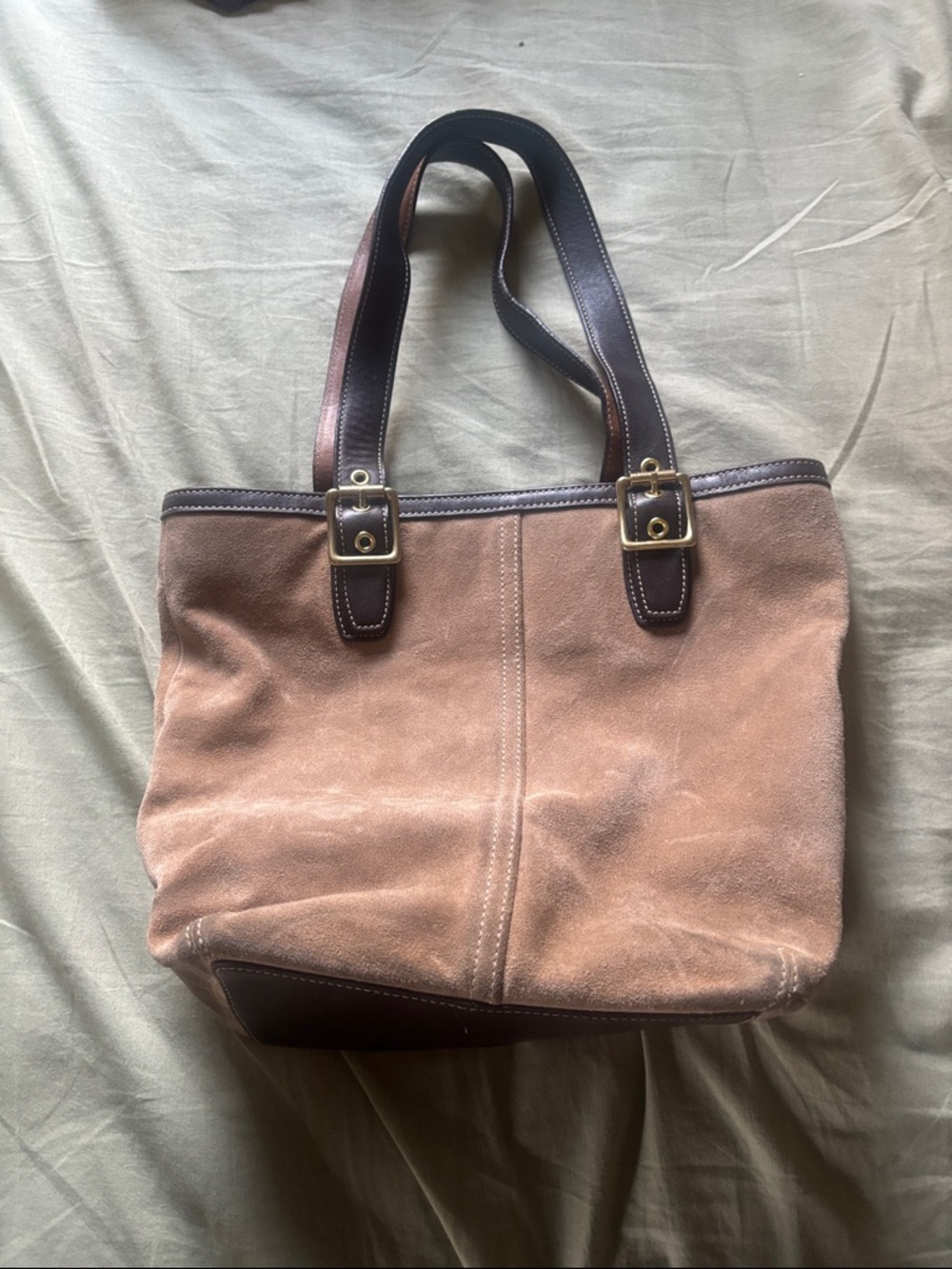Coach Pink-Tan Suede Tote with Dark Brown Leather Trim